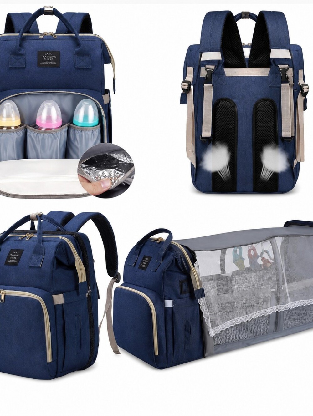 NWT Land Traveling Share Diaper Backpack Changing Station Bassinet Navy Blue